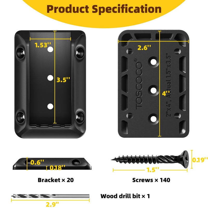TOSCOCO 20 Pack Deck Railing Bracket Connectors for 2""x4"" (Actually 1.5""x3.5"") Wooden Post, Premium Nylon 6/6 Rail Bracket with 140 Sturdy Galvanized Black Screws for Stair Fence Railings Handrail - Image 2